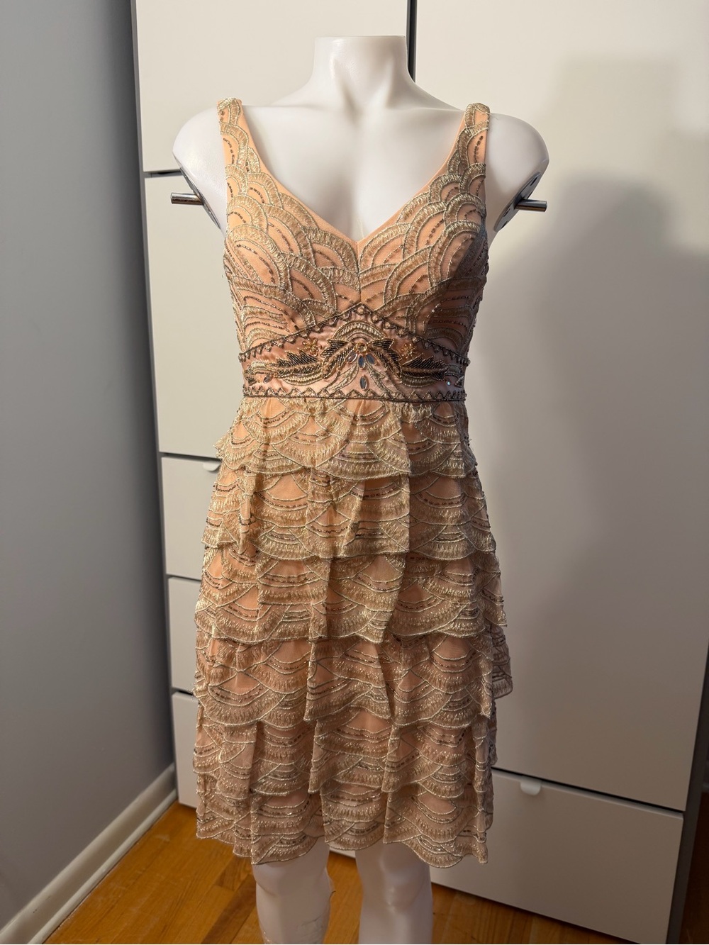 Sue Wong Peach-Beaded V-Neck Tiered Midi Dress